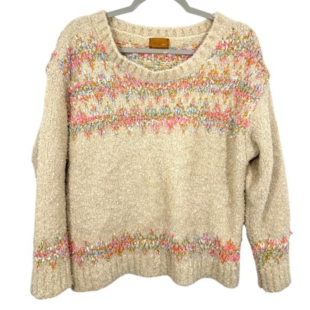 POL Fuzzy Cream and Pastel Striped Oversized Sweater Boho Cozy Size Small